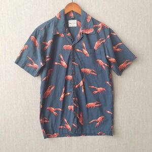 David Carey Mens S Navy Lobster Print Camp Shirt Aloha Coastal Vacation Beach